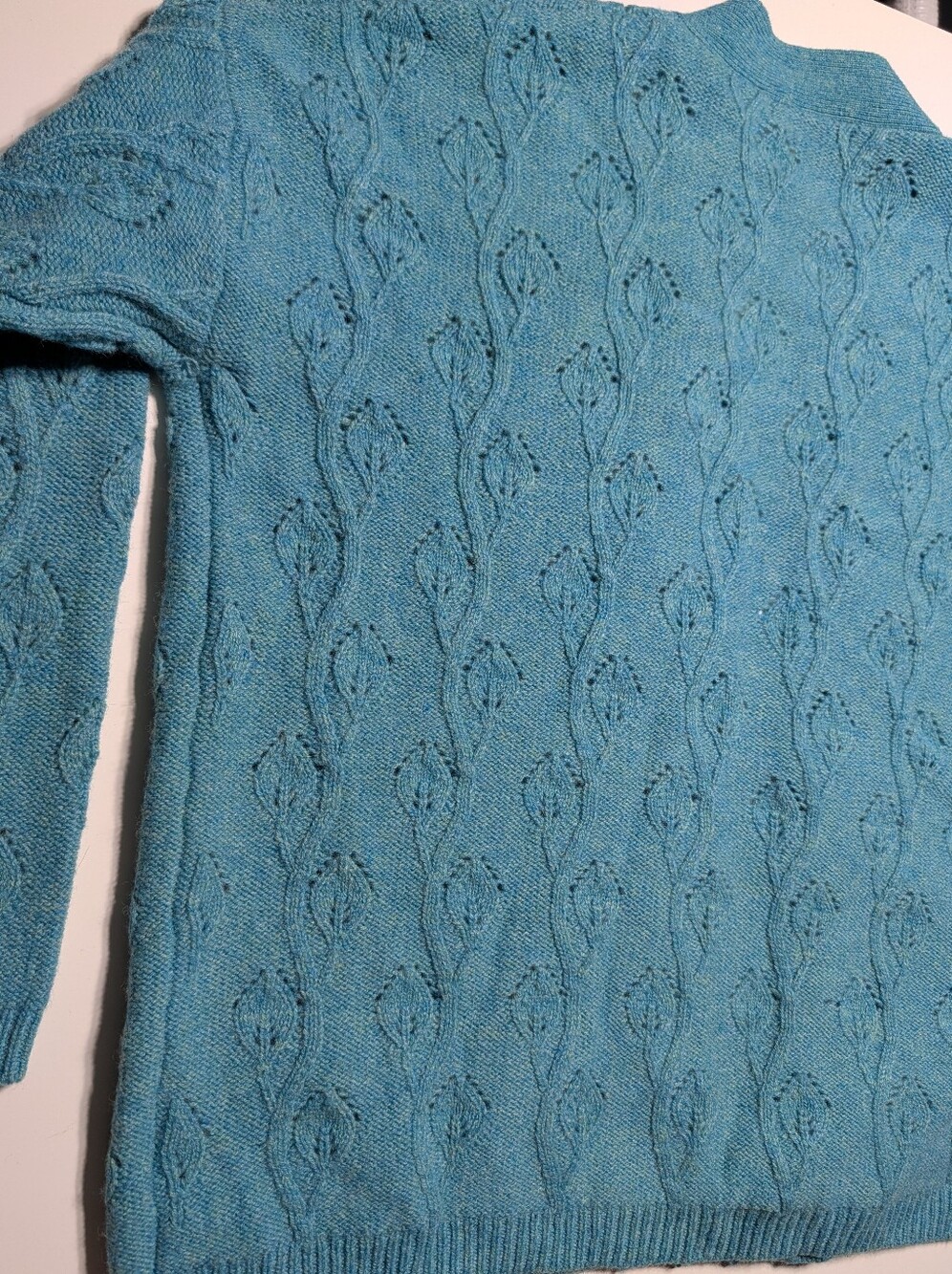 WoolOvers Womens M Cableknit Wool Cardigan Sweater Blue Green Teal Lambswool - Picture 9 of 9